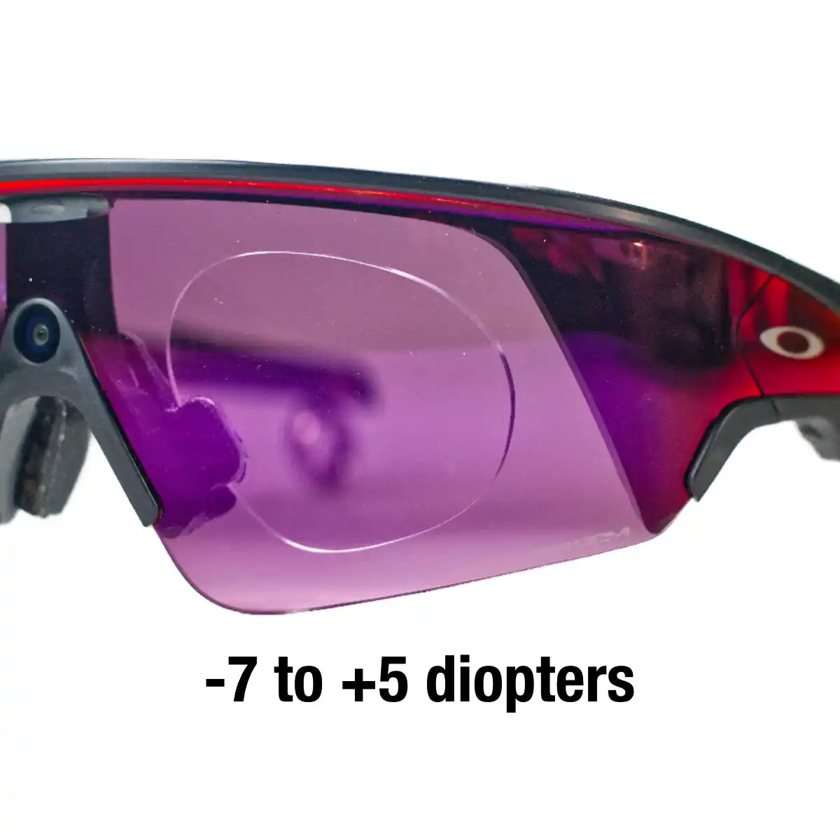 Oakley Meta Vanguard prescription insert close-up showing -7 to +5 diopters RX range