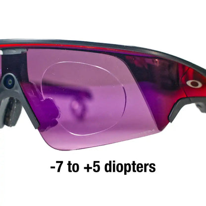 Oakley Meta Vanguard prescription insert close-up showing -7 to +5 diopters RX range
