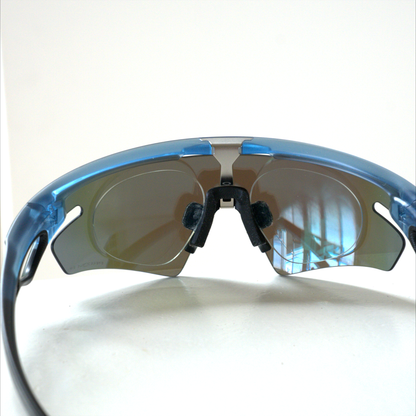 Inside rear view of Oakley Sphaera showing the prescription insert lenses and black nosepiece behind the shield