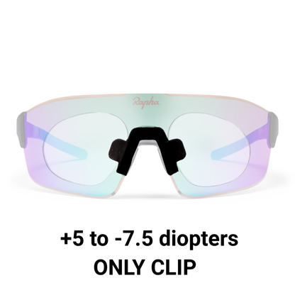Rapha Fuori prescription clip insert diagram, white-grey frame with light lens, clip only +5 to -7.5 diopters