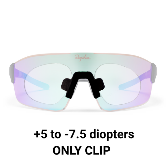 Rapha Fuori prescription clip insert diagram, white-grey frame with light lens, clip only +5 to -7.5 diopters