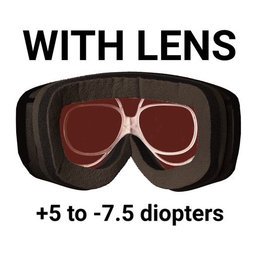 Ski goggle from inside with prescription clip insert highlighted, supports +5 to -7.5 diopters