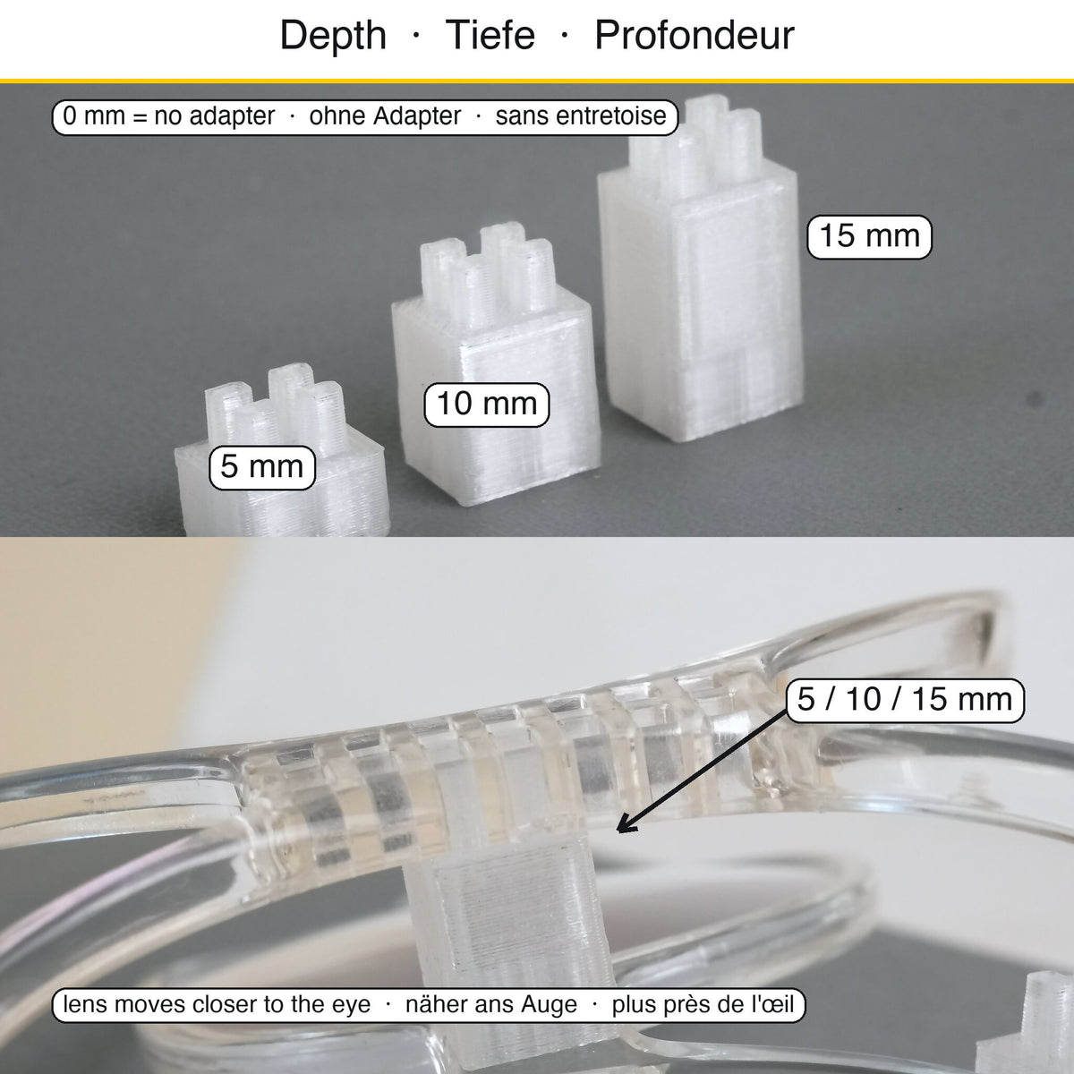 Tiefenverstellung erklärt: die 5, 10 und 15 mm Adapter und einer auf den Steg des V3 Skibrillen Sehstärke Clips gesteckt, das Glas rückt näher ans Auge