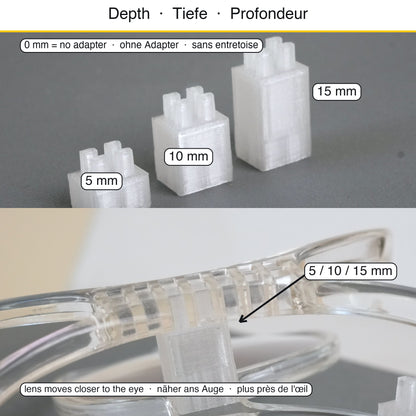 Tiefenverstellung erklärt: die 5, 10 und 15 mm Adapter und einer auf den Steg des V3 Skibrillen Sehstärke Clips gesteckt, das Glas rückt näher ans Auge