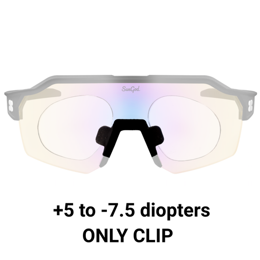 SunGod Velans prescription clip insert diagram showing +5 to -7.5 diopters range, clip only