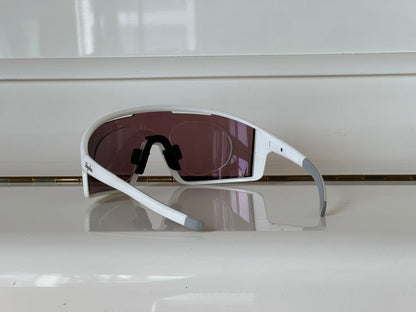 Cycling sunglasses with prescription insert, white frame with purple-blue mirrored lens, side angle