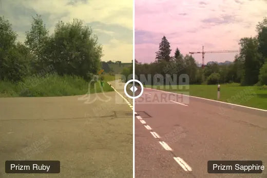 The same road through Prizm Ruby and Prizm Sapphire, split down the middle